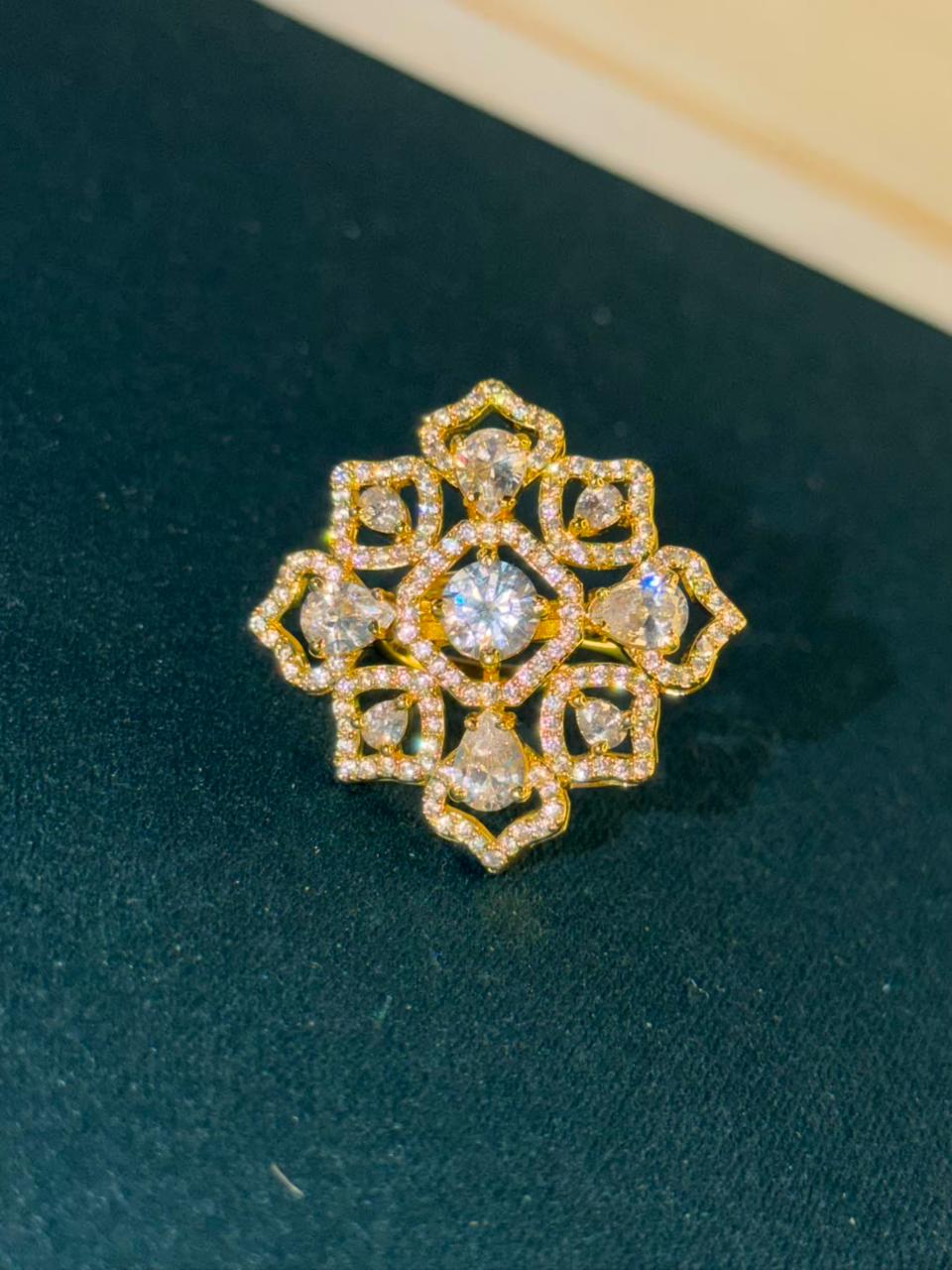 Stone Studded Geometric Design Gold Plated Band Ring Size Adjustable