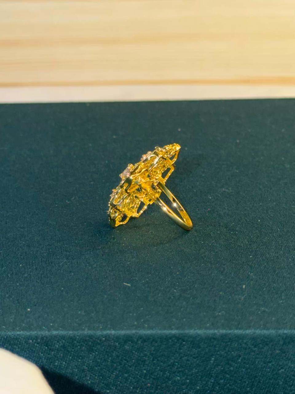 Stone Studded Geometric Design Gold Plated Band Ring Size Adjustable