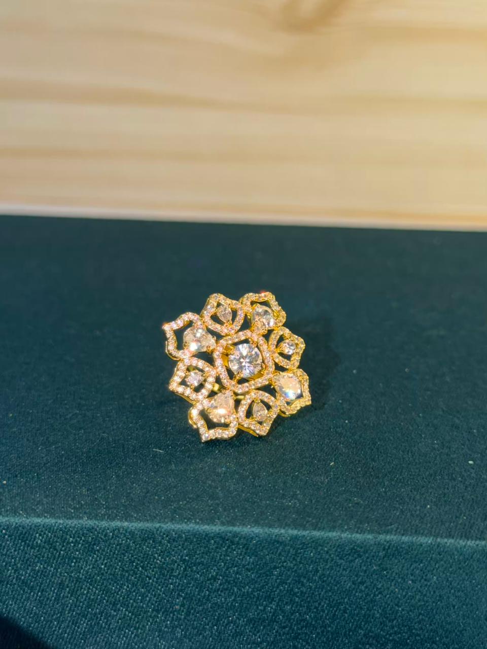 Stone Studded Geometric Design Gold Plated Band Ring Size Adjustable