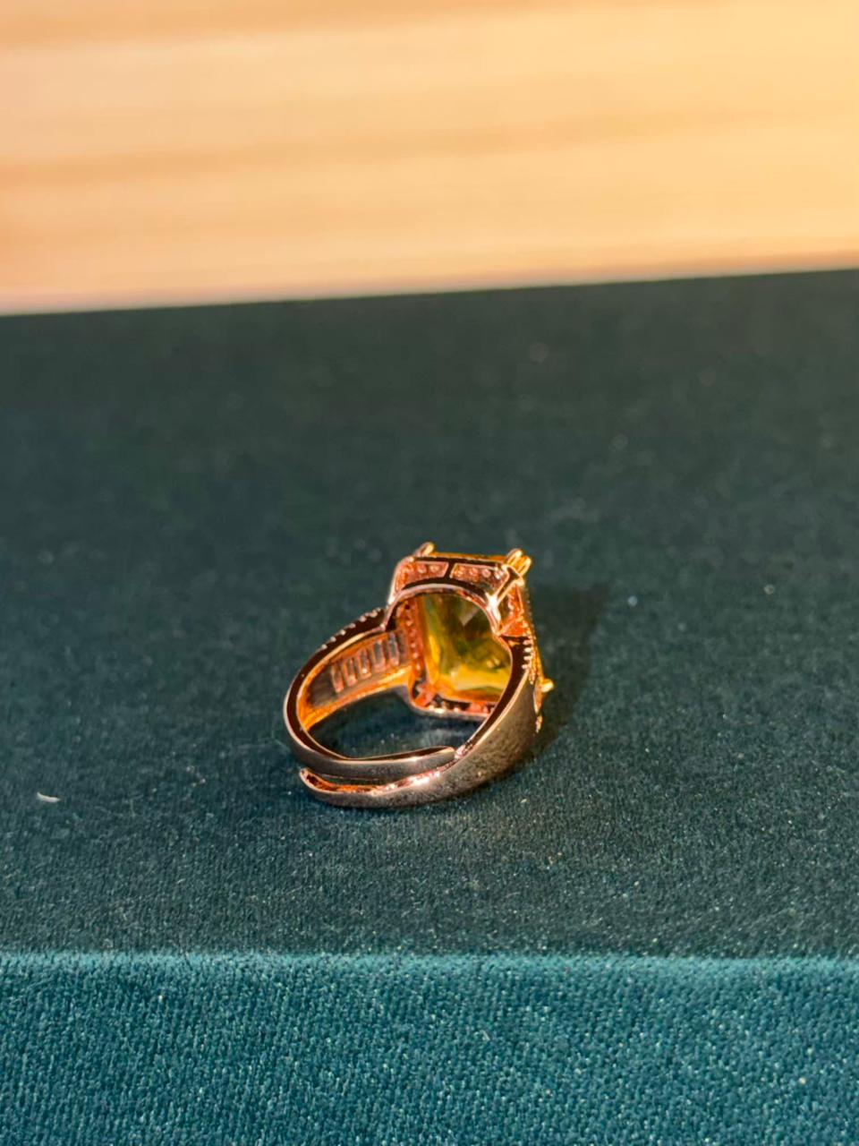 Rectangular Yellow Stone Ring with Side Stones Gold Plated Band Ring Size Adjustable