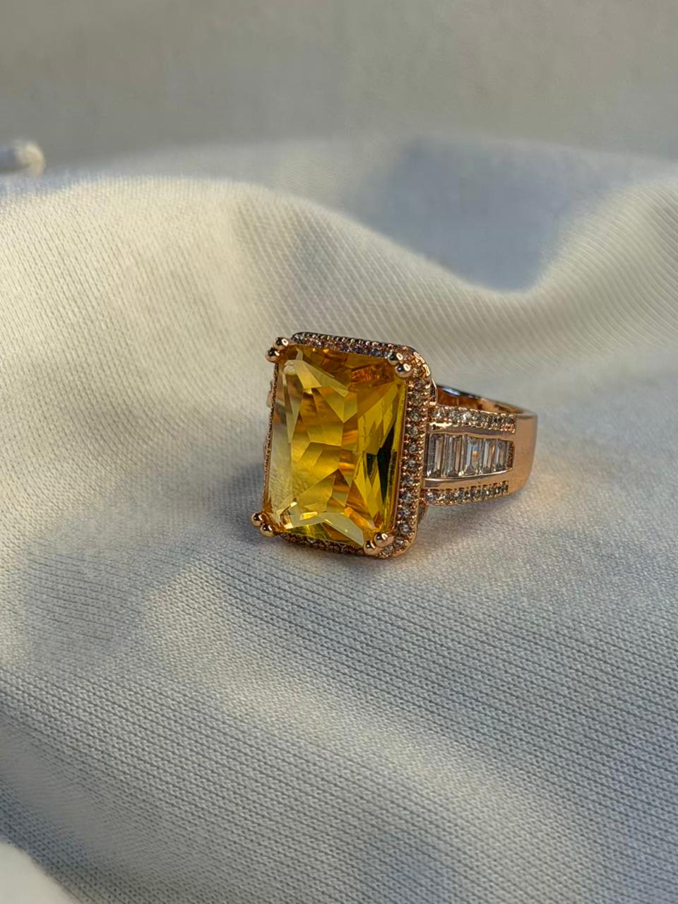 Rectangular Yellow Stone Ring with Side Stones Gold Plated Band Ring Size Adjustable