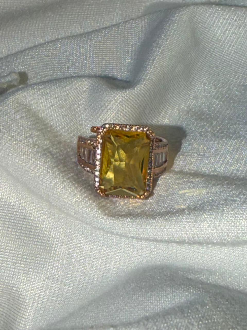 Rectangular Yellow Stone Ring with Side Stones Gold Plated Band Ring Size Adjustable