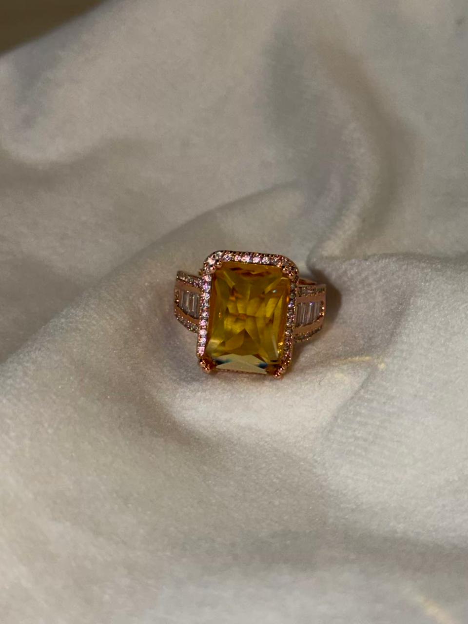 Rectangular Yellow Stone Ring with Side Stones Gold Plated Band Ring Size Adjustable