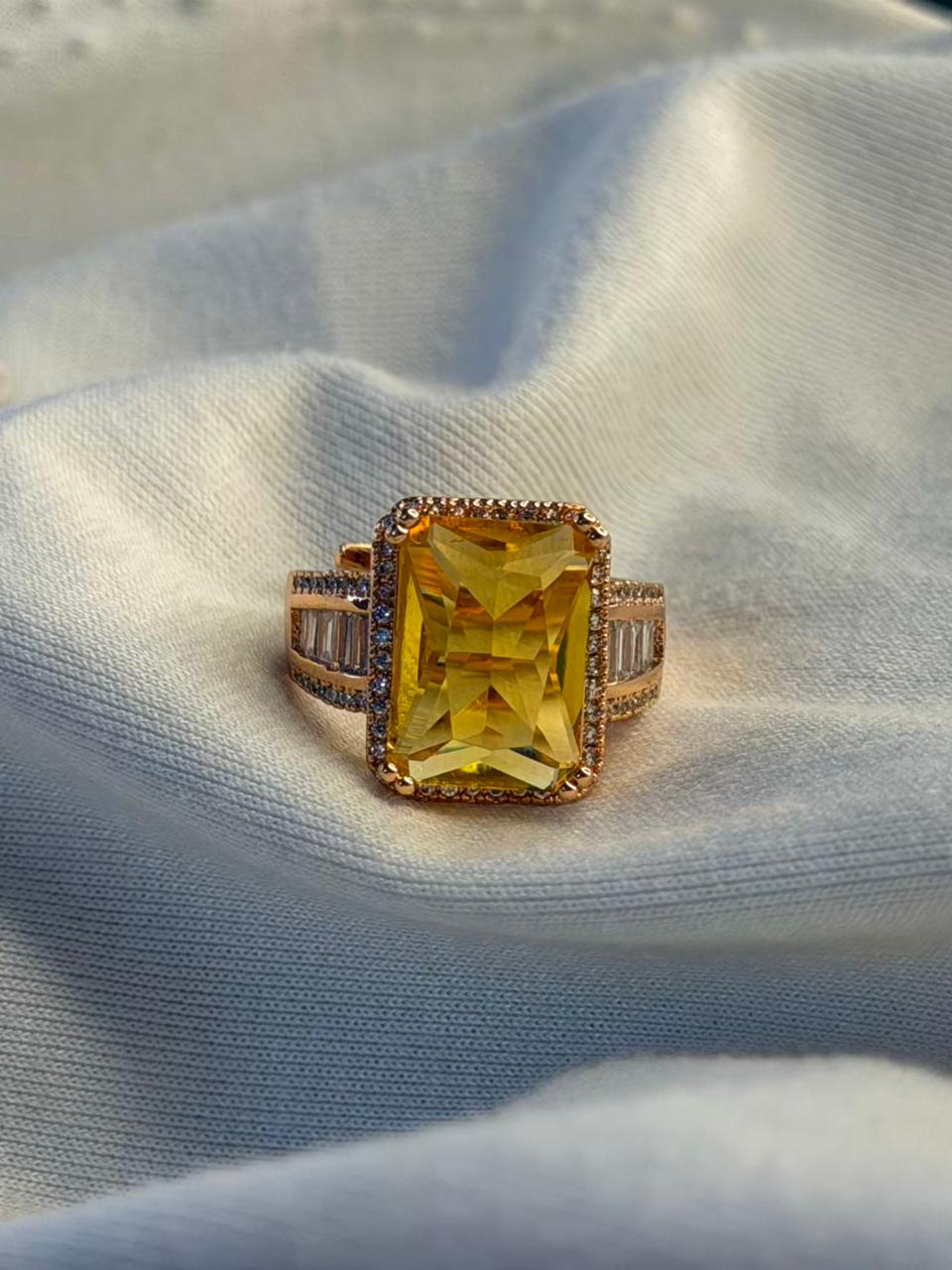 Rectangular Yellow Stone Ring with Side Stones Gold Plated Band Ring Size Adjustable