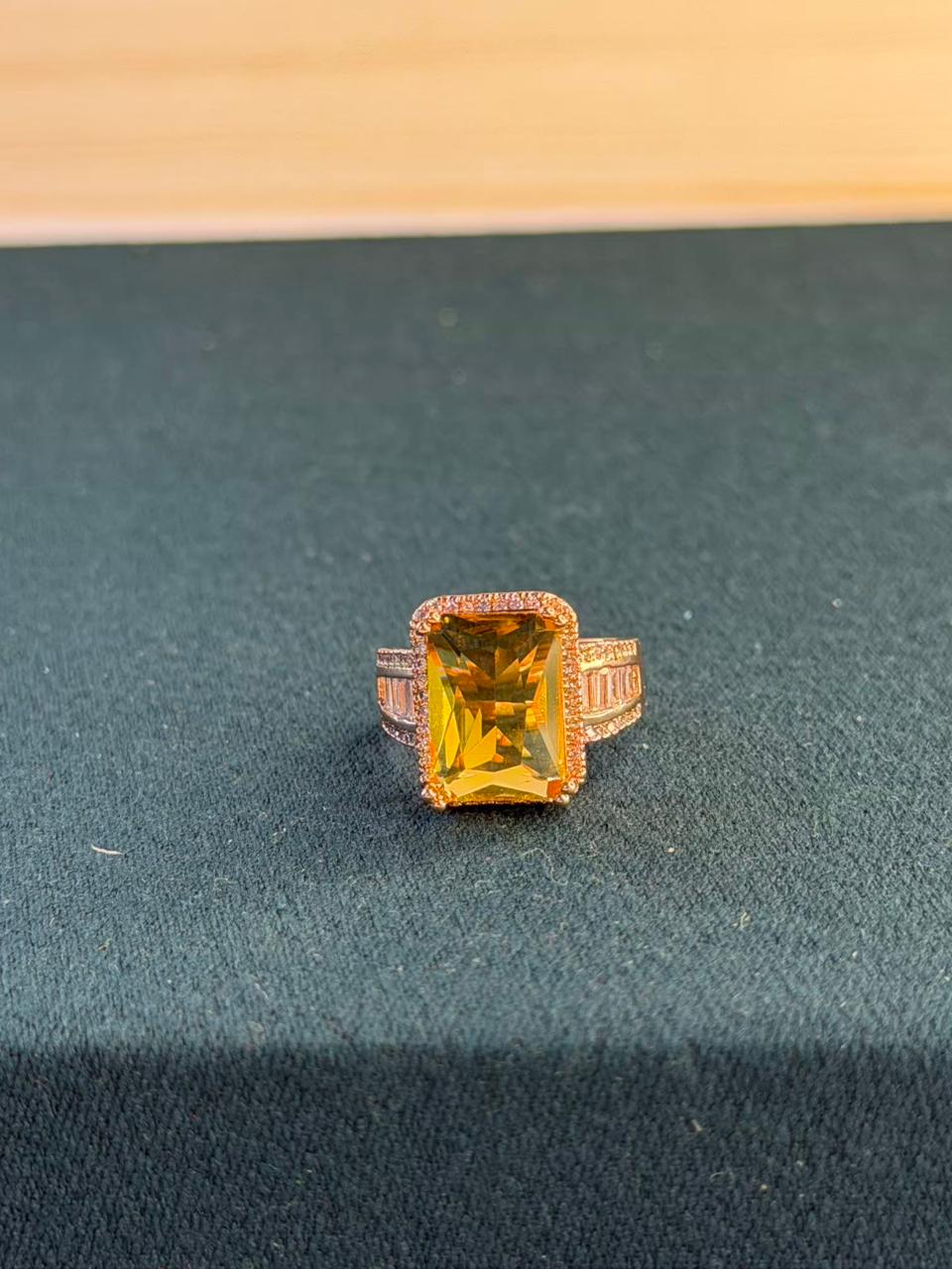 Rectangular Yellow Stone Ring with Side Stones Gold Plated Band Ring Size Adjustable