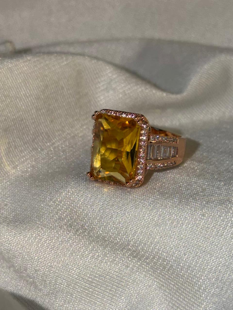 Rectangular Yellow Stone Ring with Side Stones Gold Plated Band Ring Size Adjustable