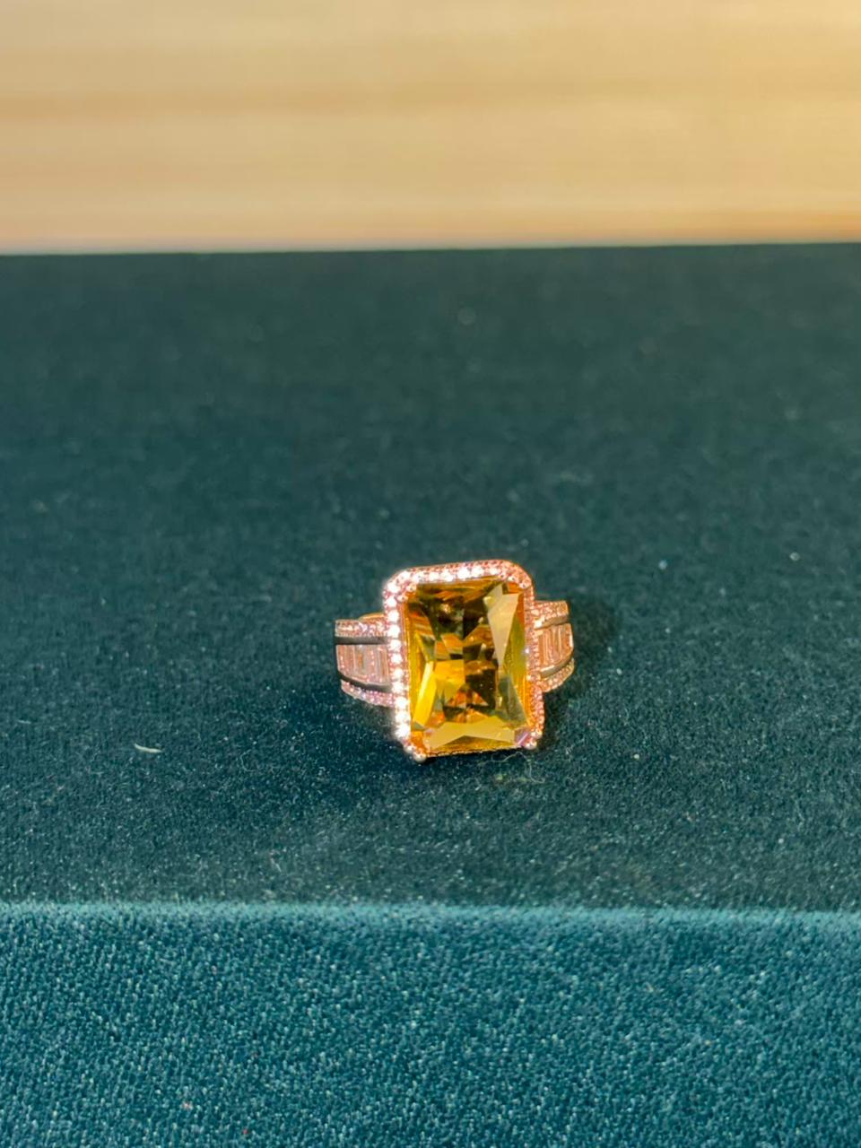 Rectangular Yellow Stone Ring with Side Stones Gold Plated Band Ring Size Adjustable