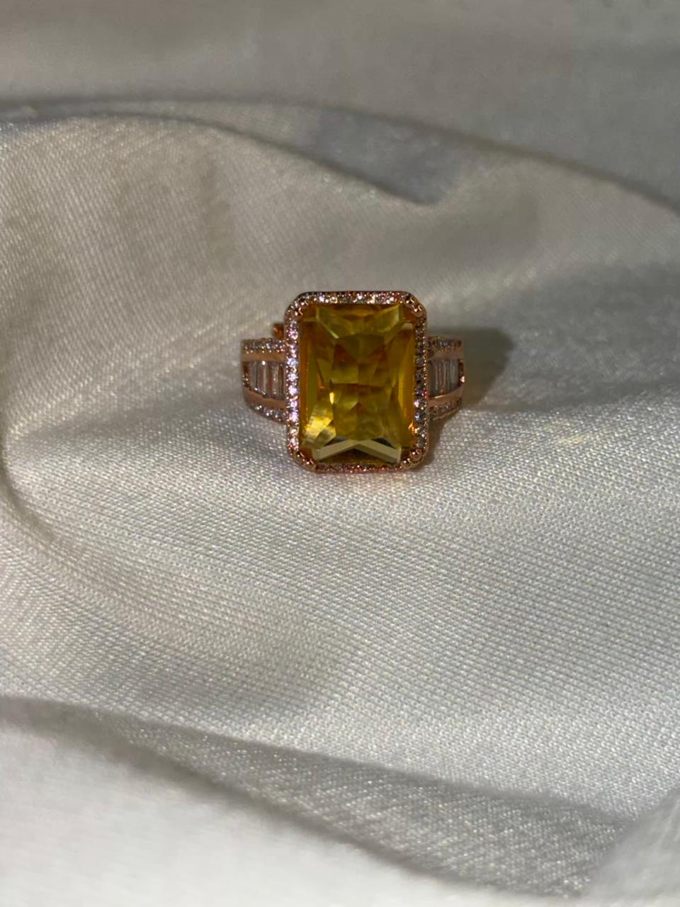 Rectangular Yellow Stone Ring with Side Stones Gold Plated Band Ring Size Adjustable