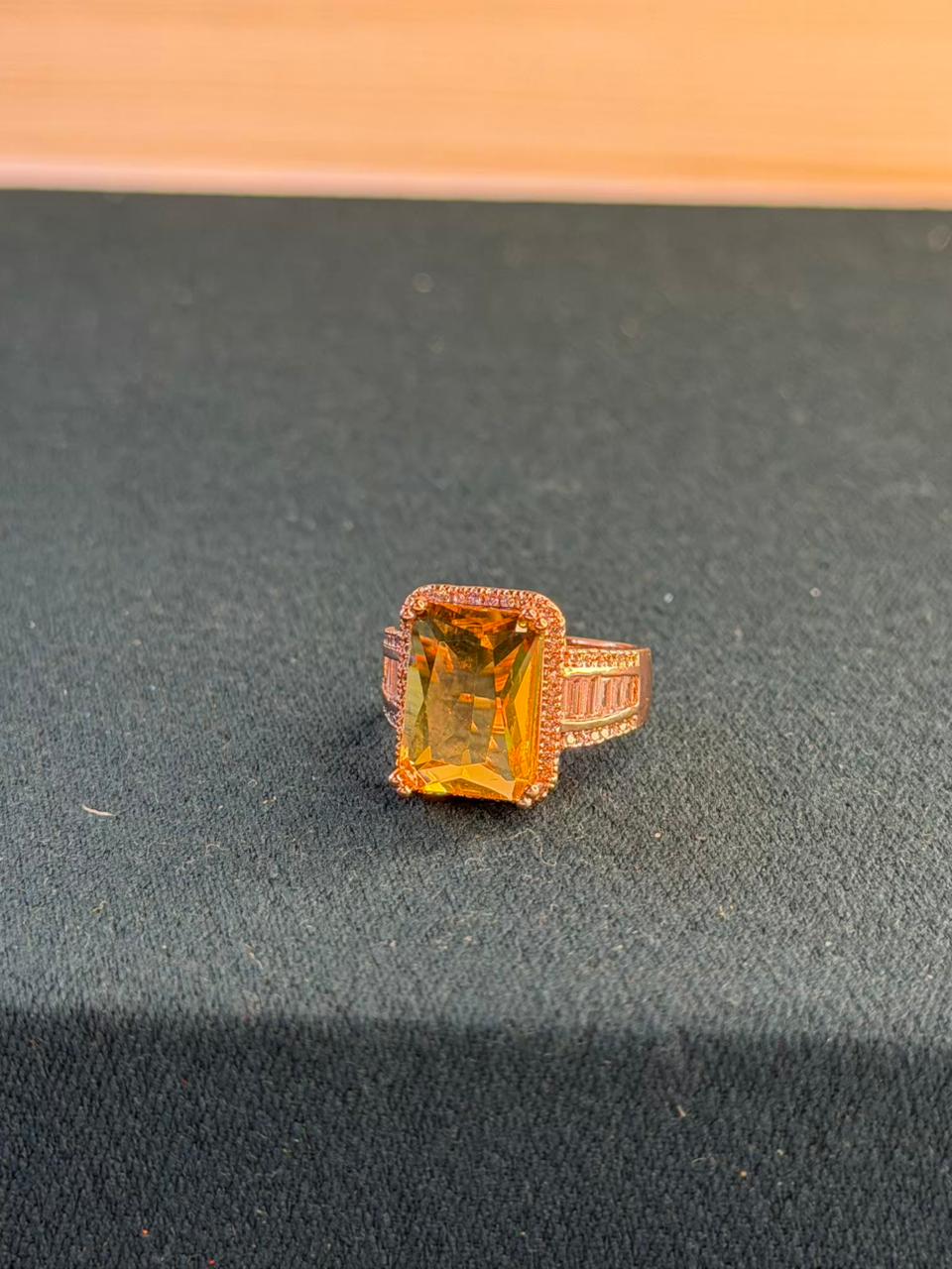 Rectangular Yellow Stone Ring with Side Stones Gold Plated Band Ring Size Adjustable