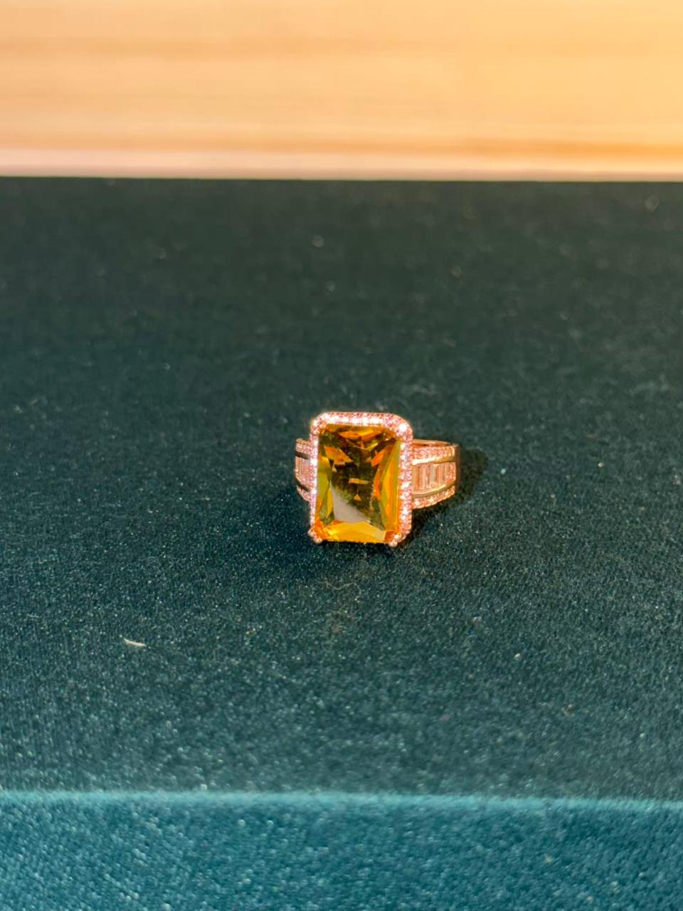 Rectangular Yellow Stone Ring with Side Stones Gold Plated Band Ring Size Adjustable