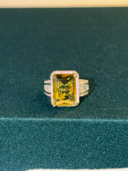 Rectangular Yellow Stone Ring with Side Stones Silver Plated Band Ring Size Adjustable