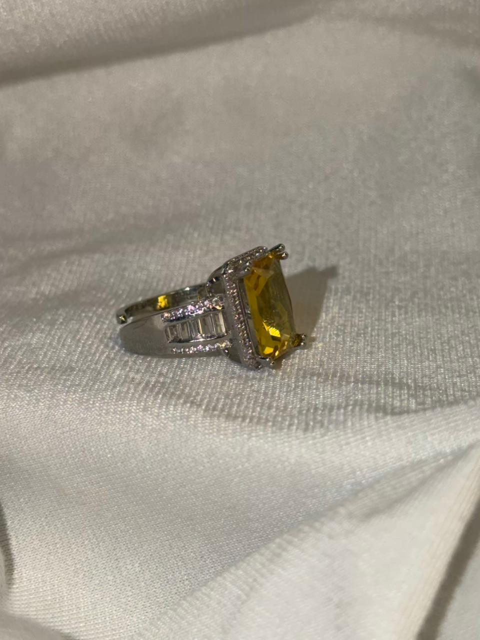 Rectangular Yellow Stone Ring with Side Stones Silver Plated Band Ring Size Adjustable