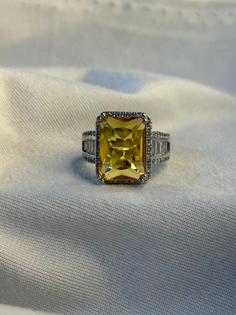 Rectangular Yellow Stone Ring with Side Stones Silver Plated Band Ring Size Adjustable