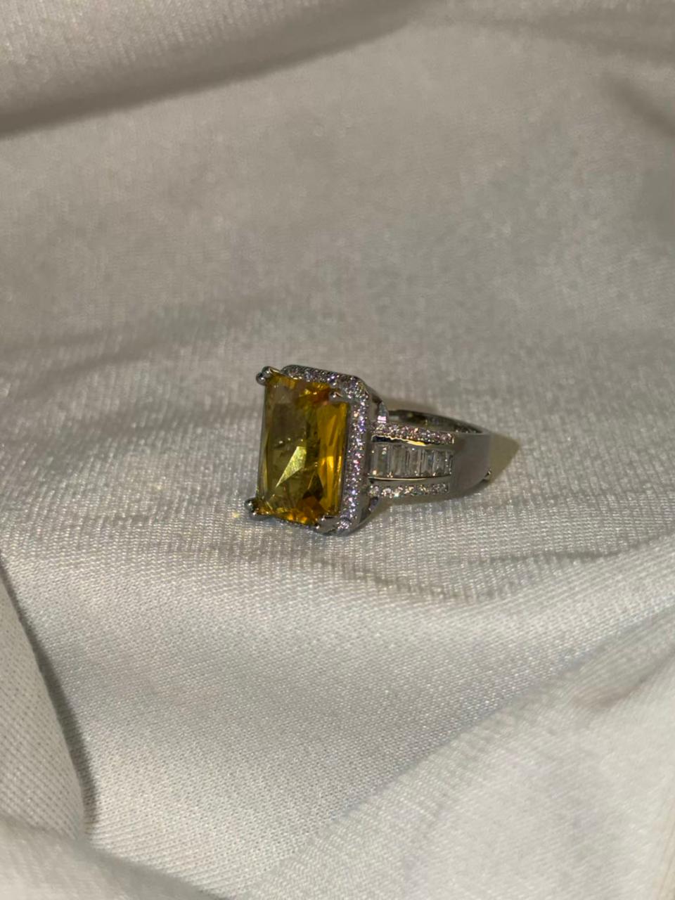 Rectangular Yellow Stone Ring with Side Stones Silver Plated Band Ring Size Adjustable