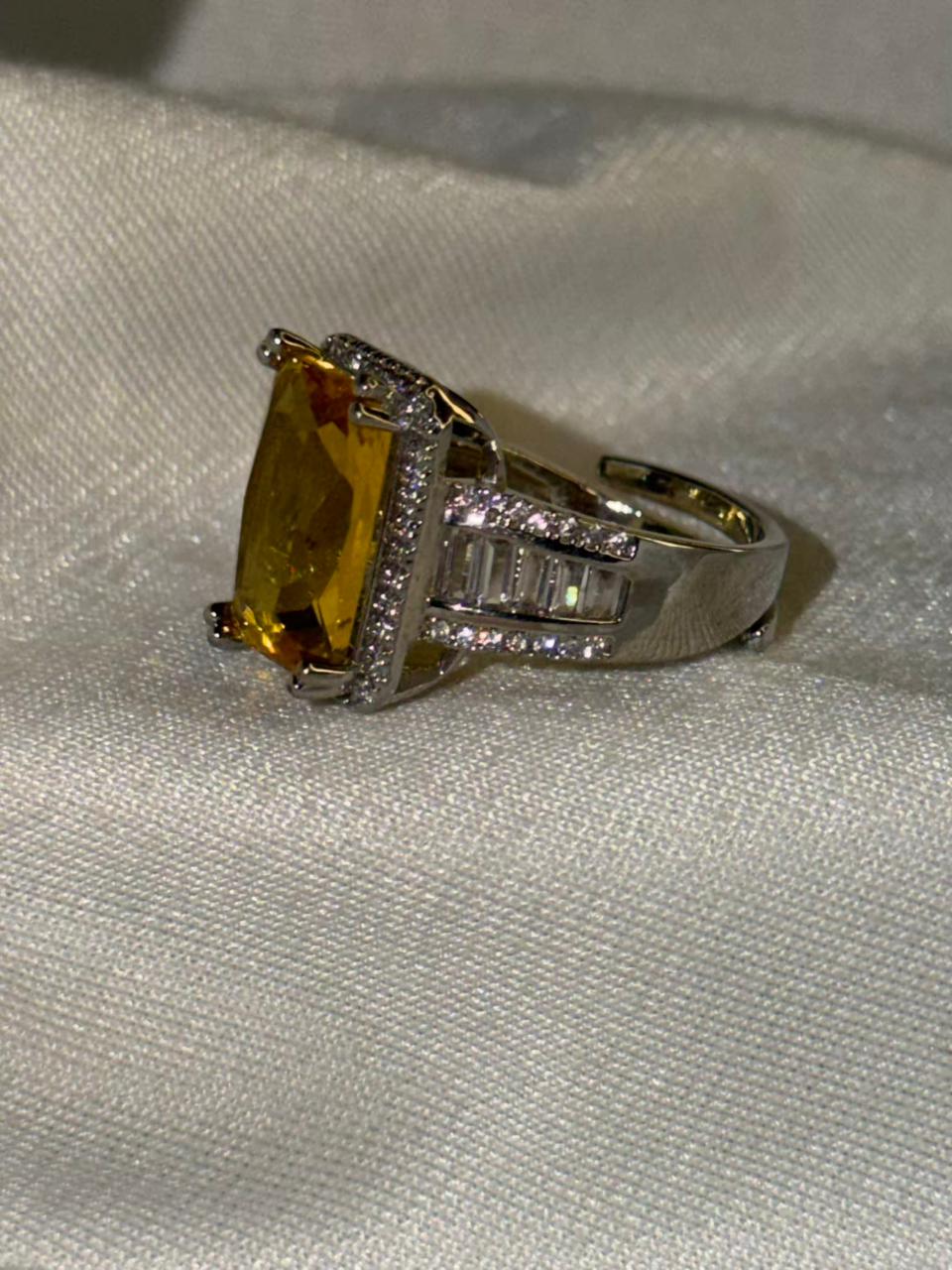 Rectangular Yellow Stone Ring with Side Stones Silver Plated Band Ring Size Adjustable