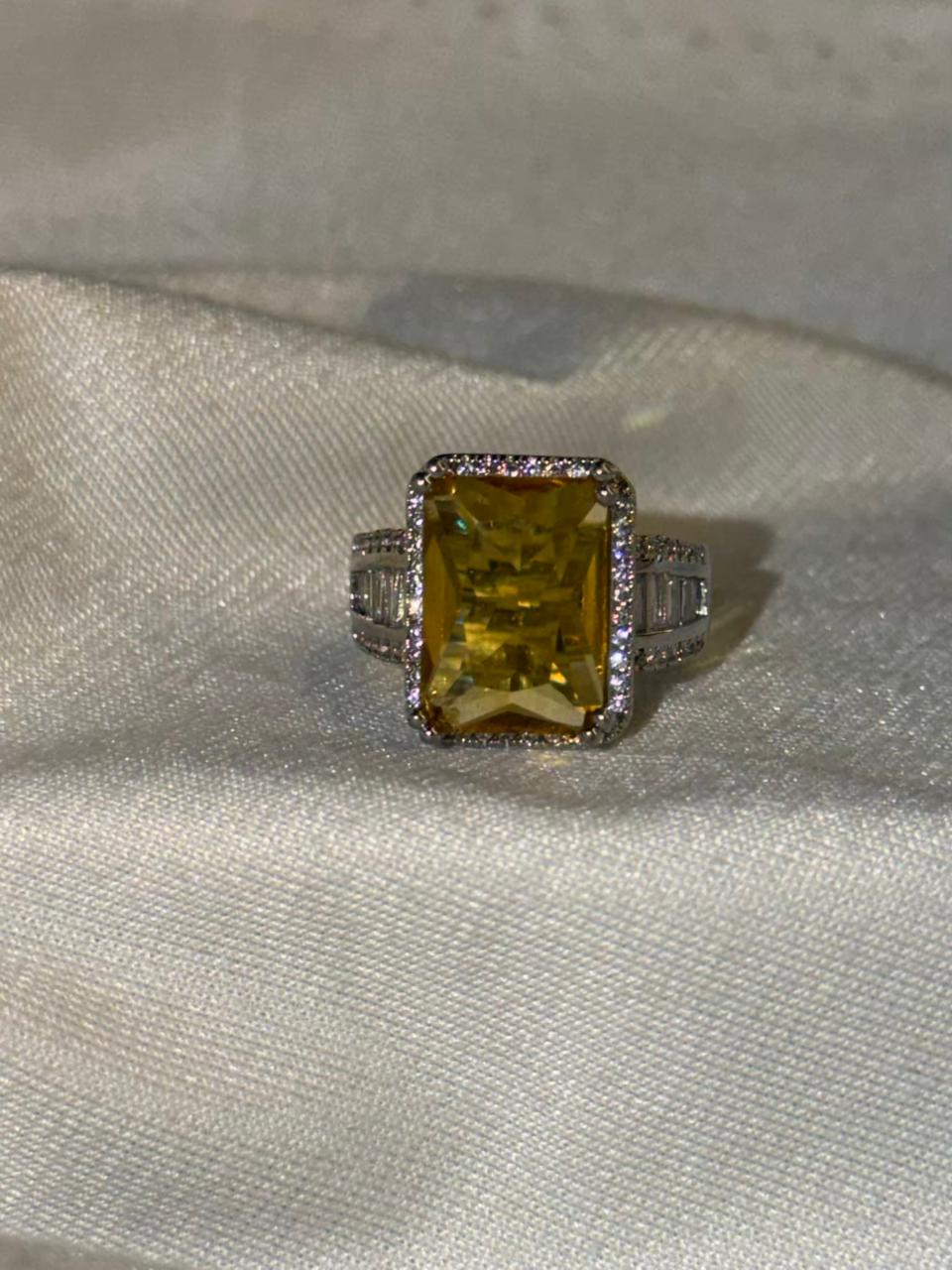 Rectangular Yellow Stone Ring with Side Stones Silver Plated Band Ring Size Adjustable