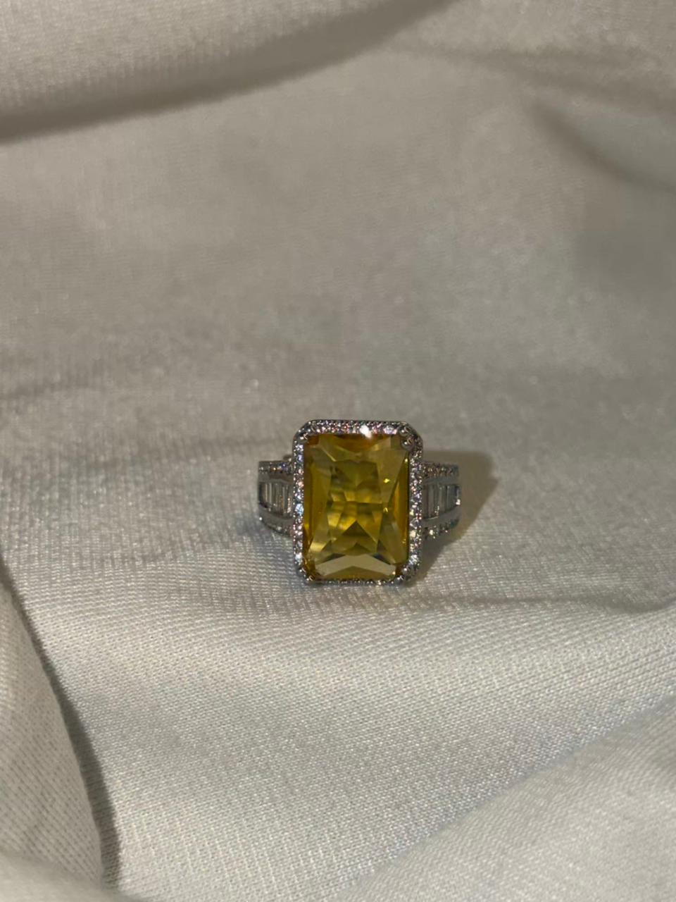 Rectangular Yellow Stone Ring with Side Stones Silver Plated Band Ring Size Adjustable