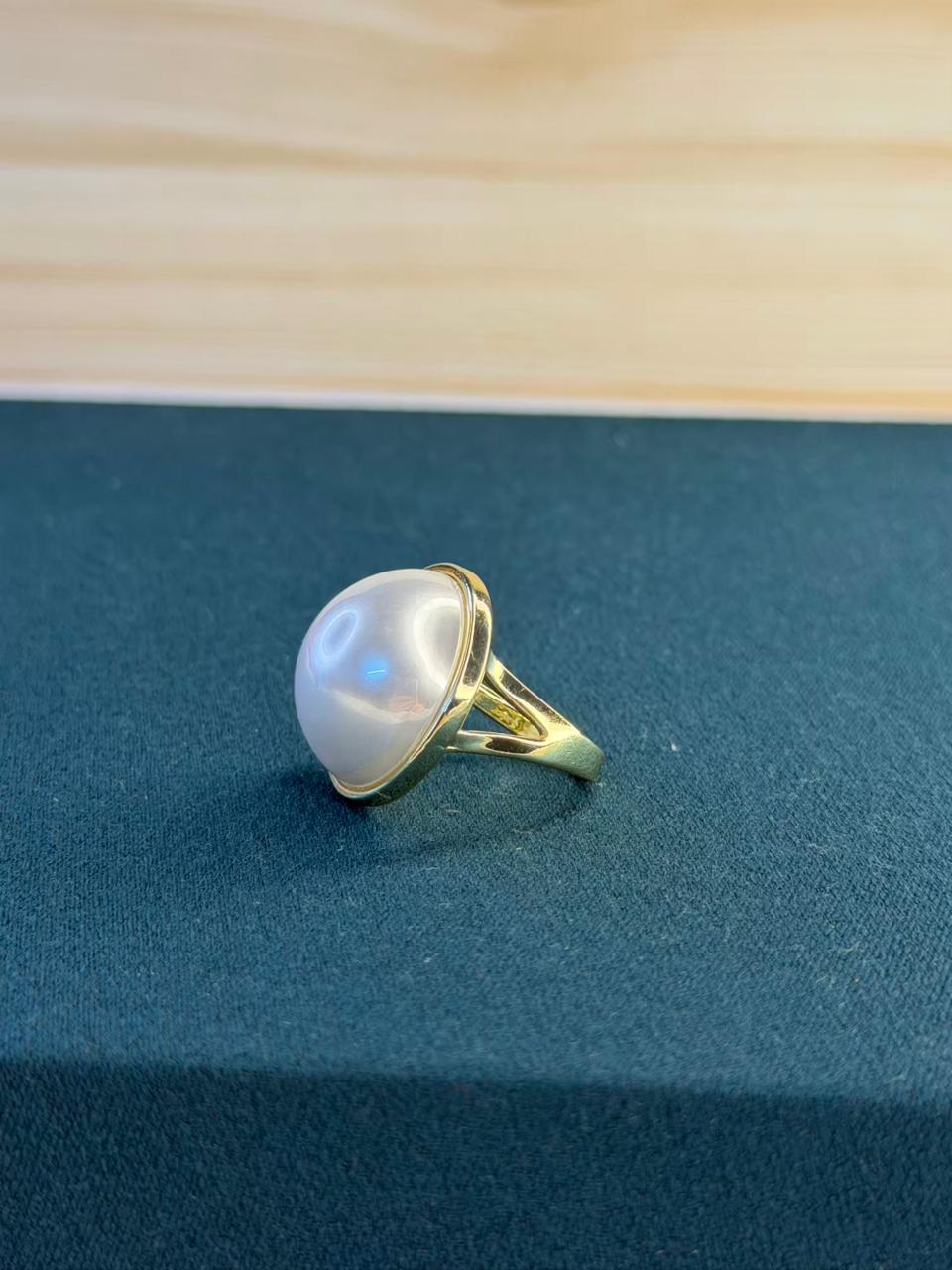 Round White Pearl Gold Plated Band Ring Size Adjustable