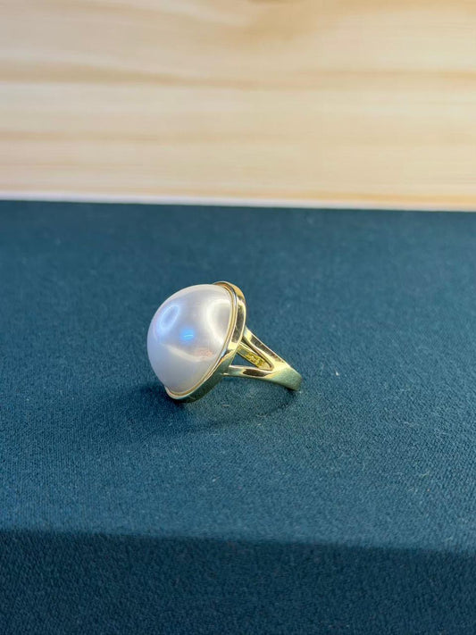 Round White Pearl Gold Plated Band Ring Size Adjustable