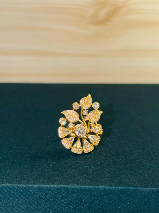 White Stone Cluster Design Gold Plated Ring Size Adjustable
