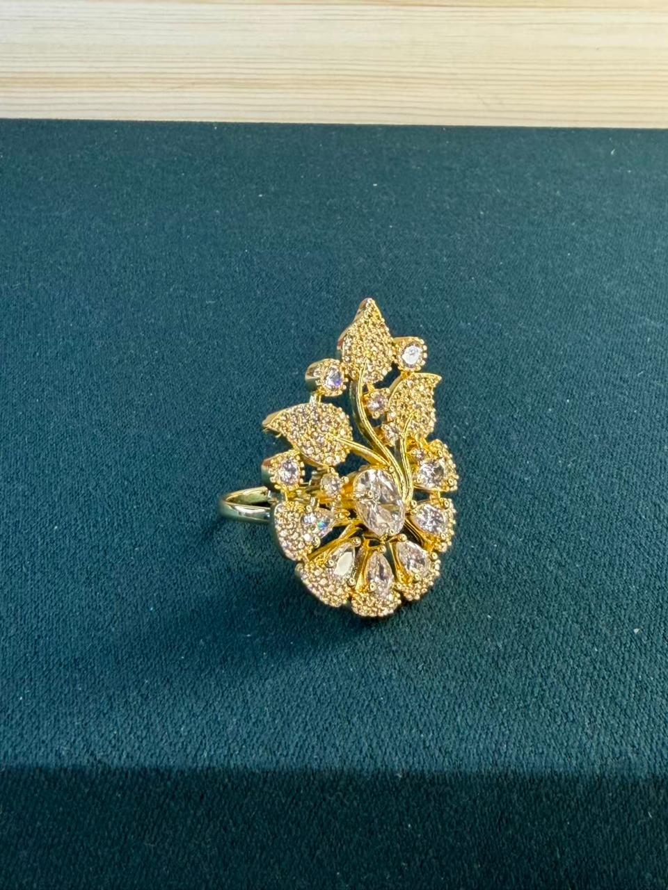 White Stone Cluster Design Gold Plated Ring Size Adjustable