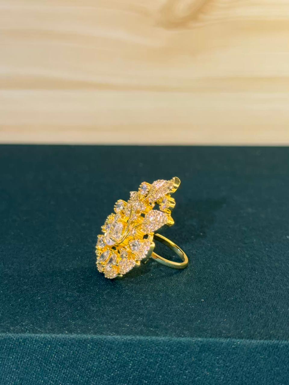 White Stone Cluster Design Gold Plated Ring Size Adjustable