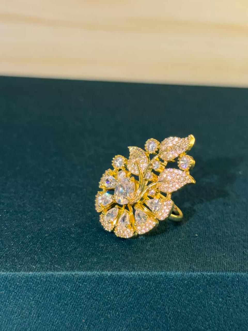 White Stone Cluster Design Gold Plated Ring Size Adjustable