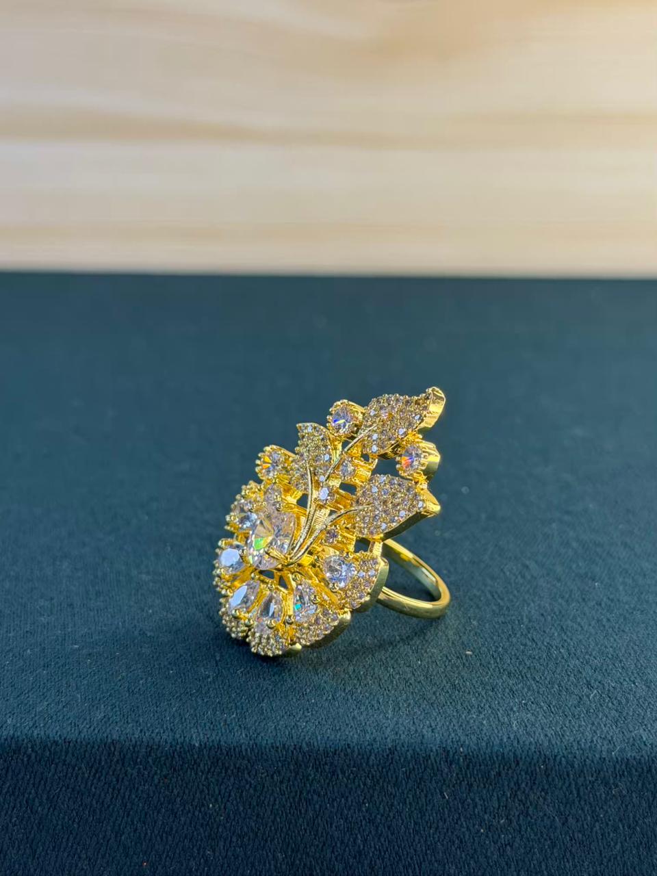 White Stone Cluster Design Gold Plated Ring Size Adjustable