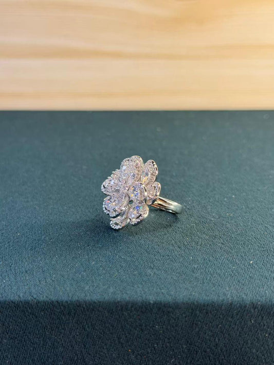 White Stone Studded Flower Shape Silver Plated Ring Size Adjustable