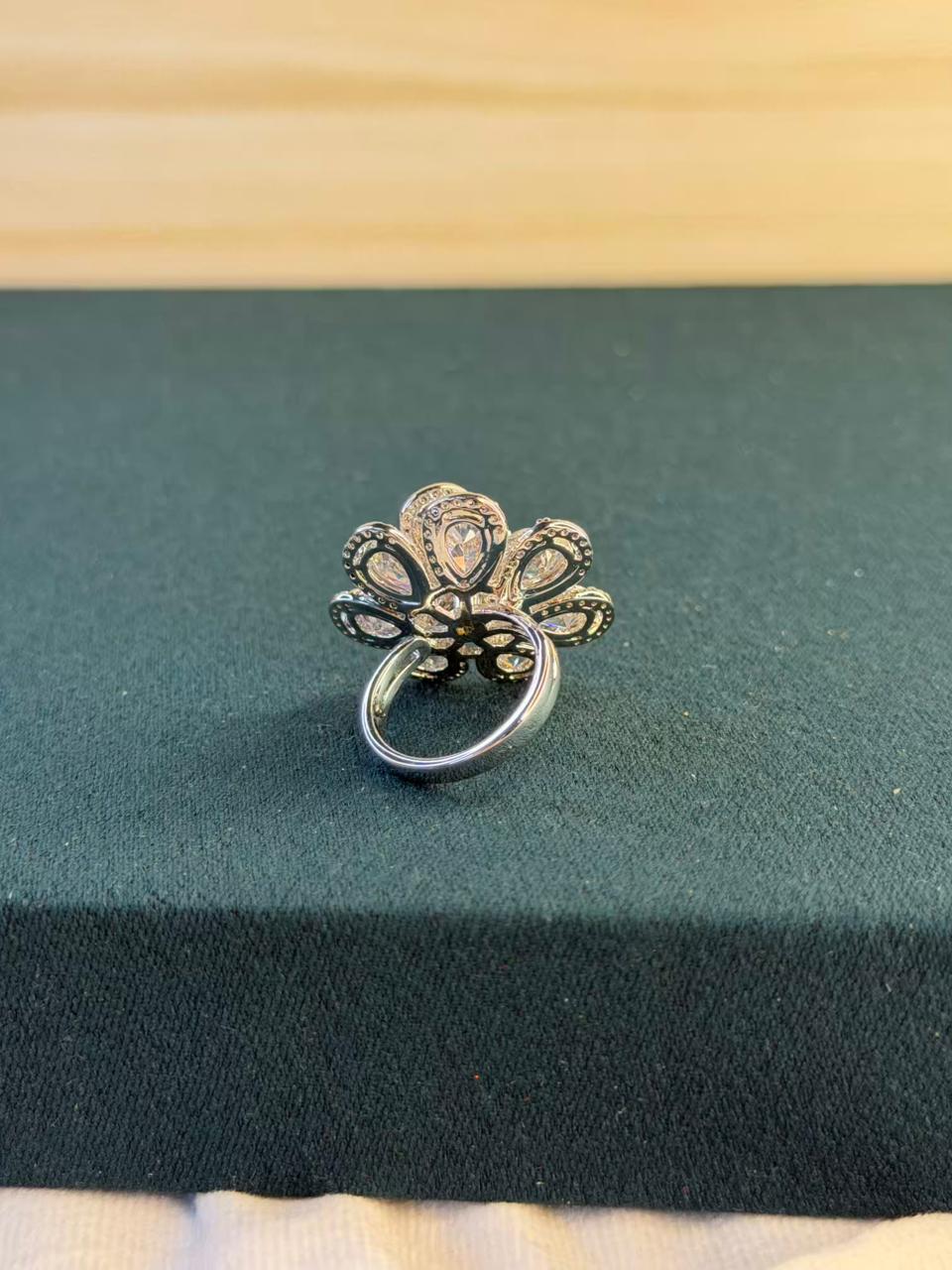 White Stone Studded Flower Shape Silver Plated Ring Size Adjustable