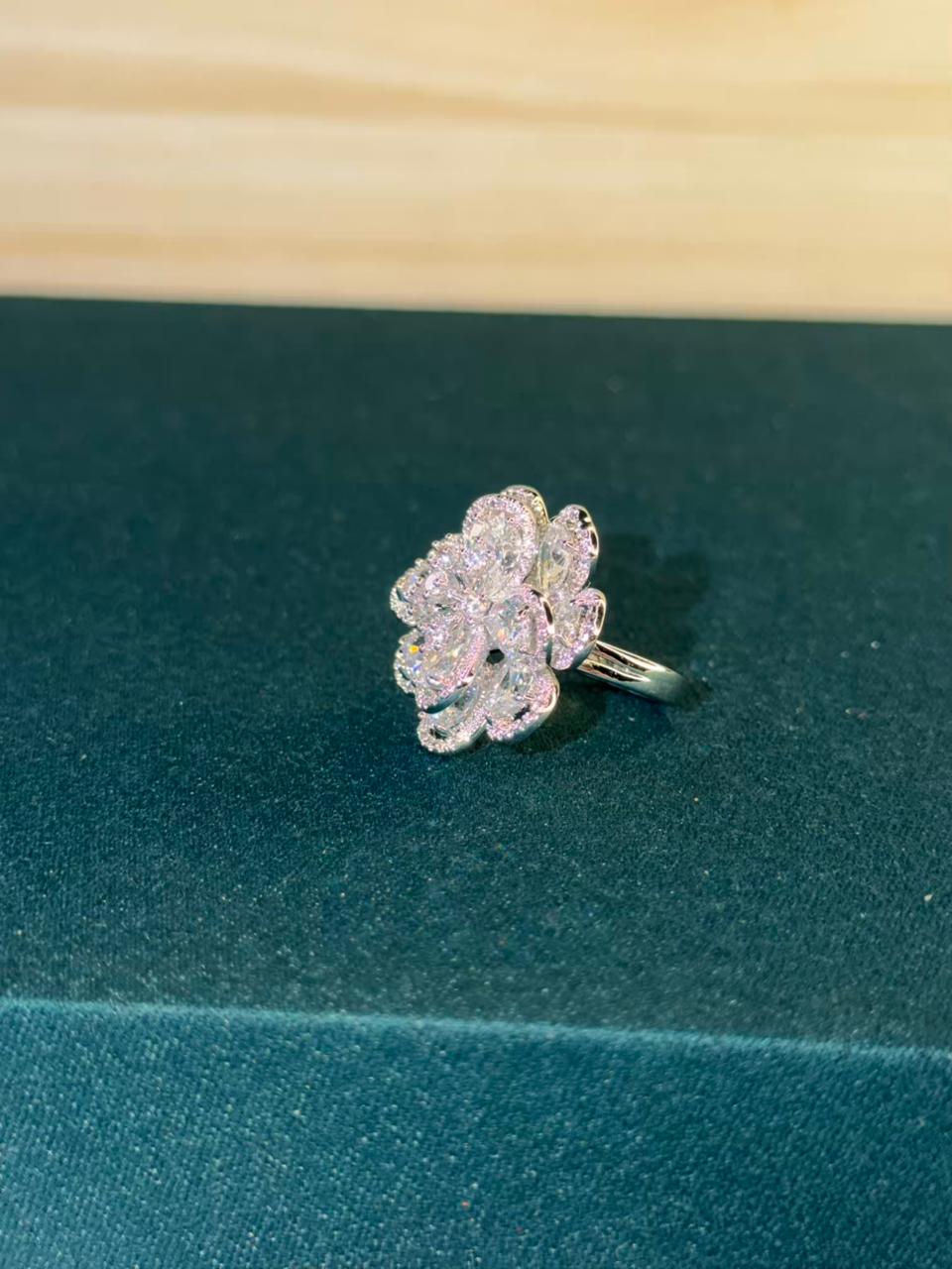 White Stone Studded Flower Shape Silver Plated Ring Size Adjustable
