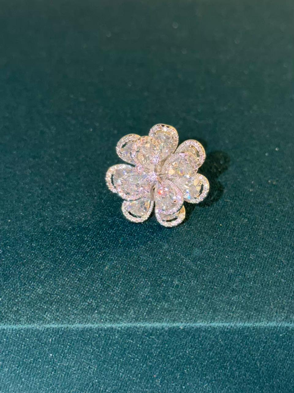 White Stone Studded Flower Shape Silver Plated Ring Size Adjustable