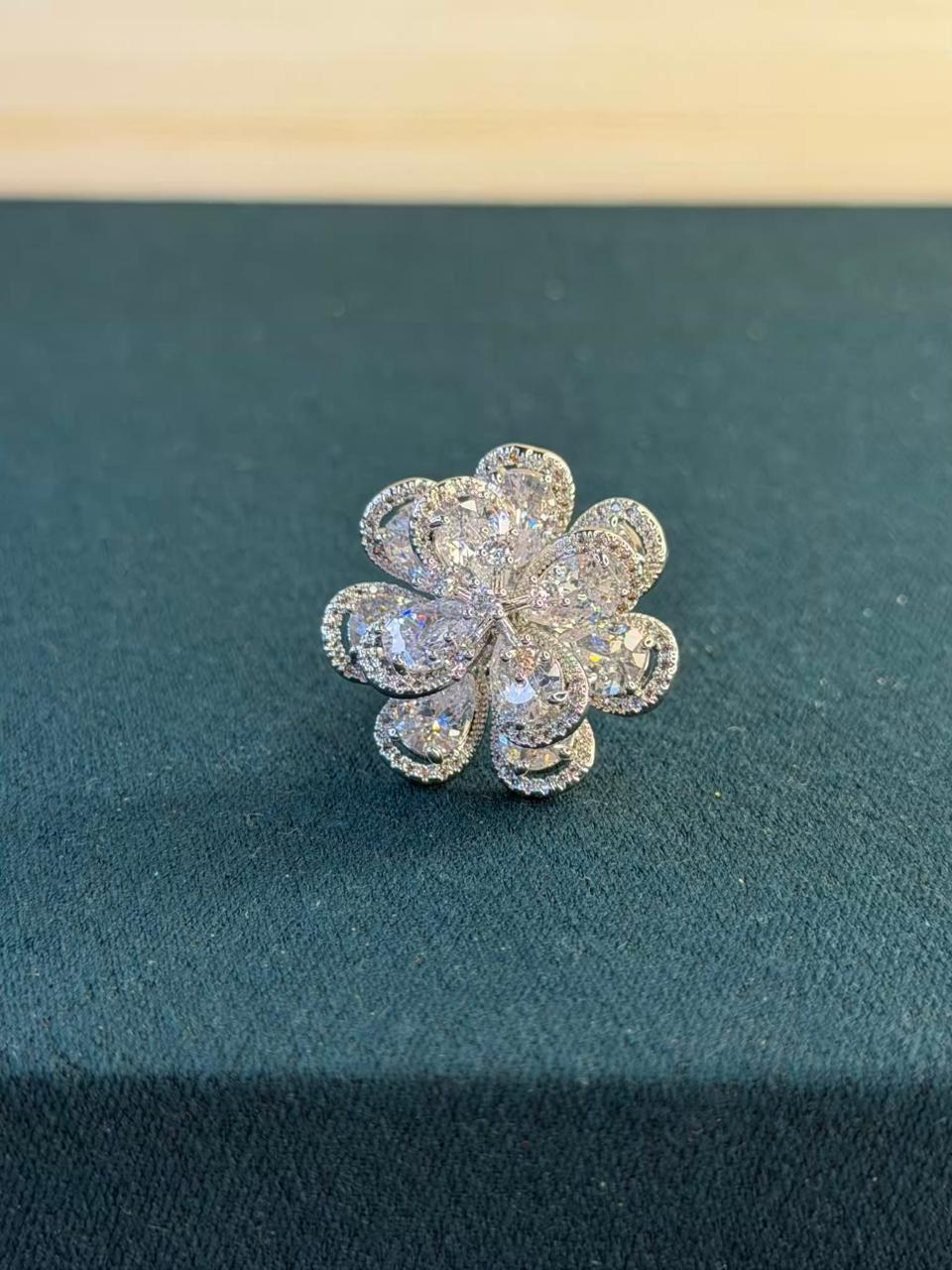 White Stone Studded Flower Shape Silver Plated Ring Size Adjustable