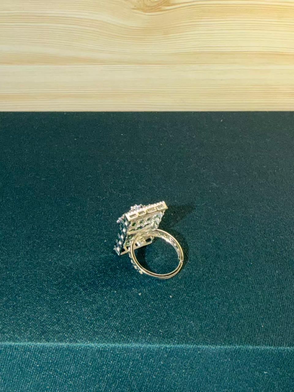 Green and White Stone Rectangle Shape Silver Plated Ring Size Adjustable
