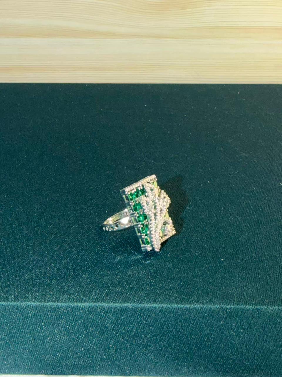 Green and White Stone Rectangle Shape Silver Plated Ring Size Adjustable