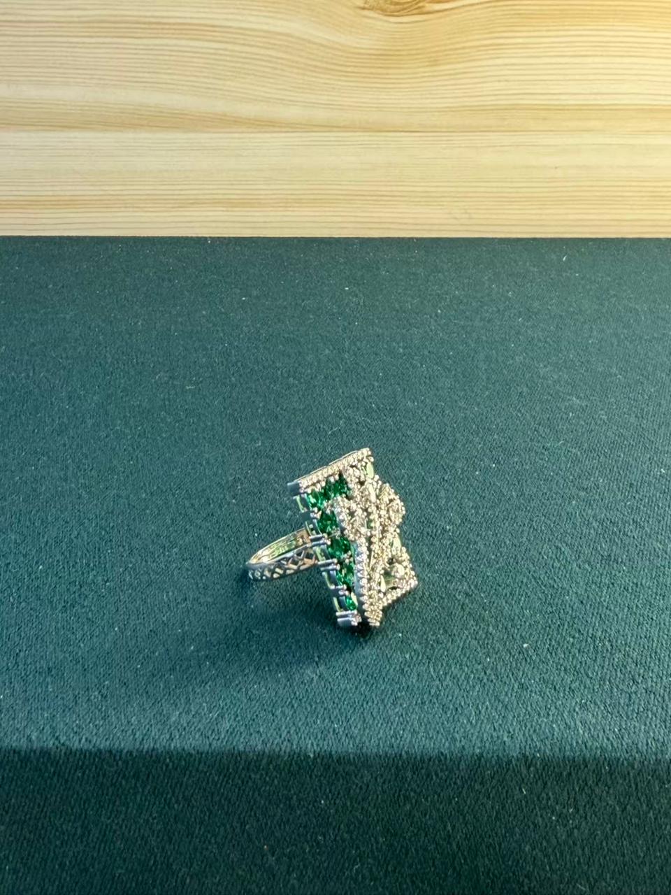 Green and White Stone Rectangle Shape Silver Plated Ring Size Adjustable
