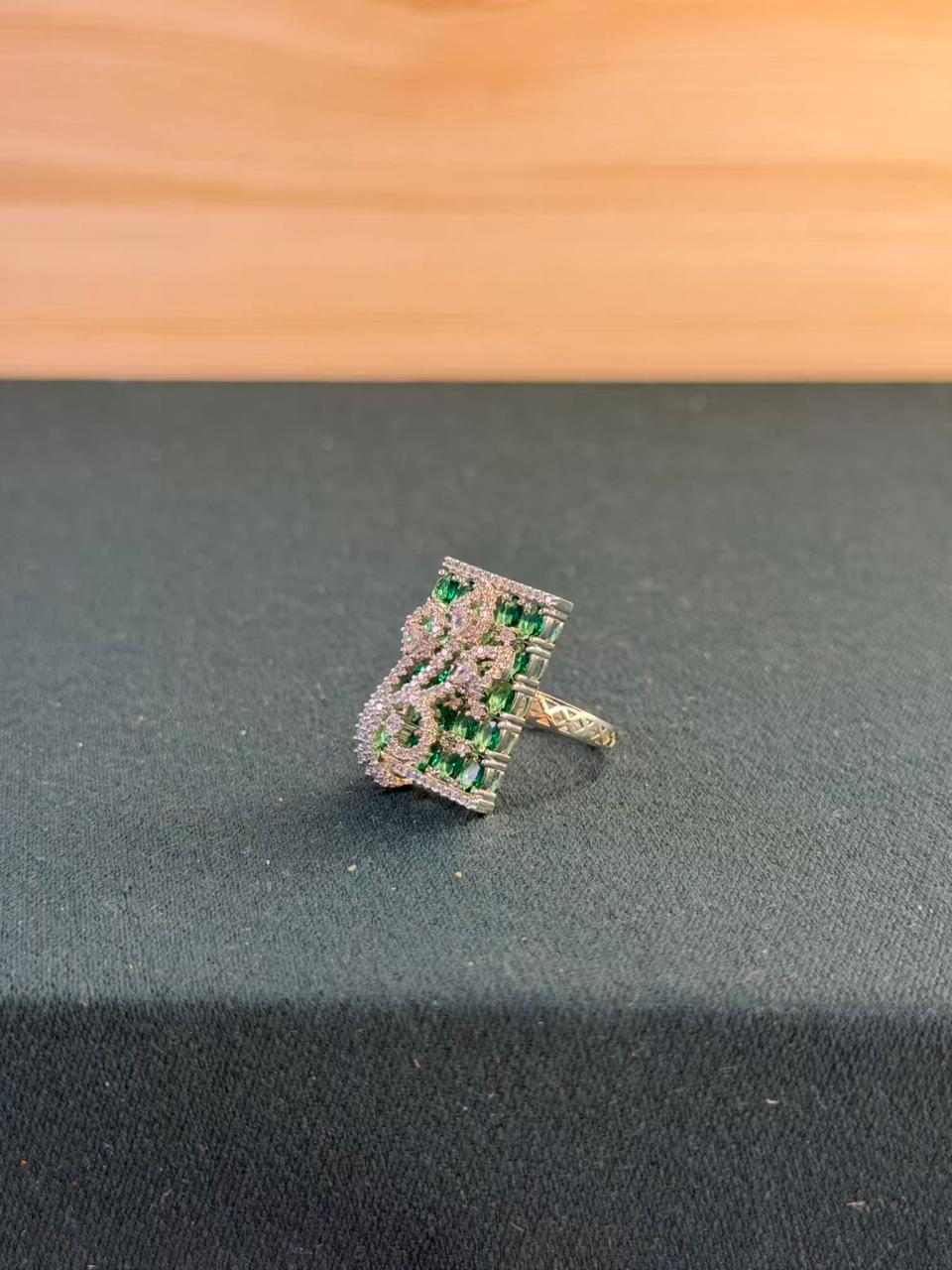 Green and White Stone Rectangle Shape Silver Plated Ring Size Adjustable