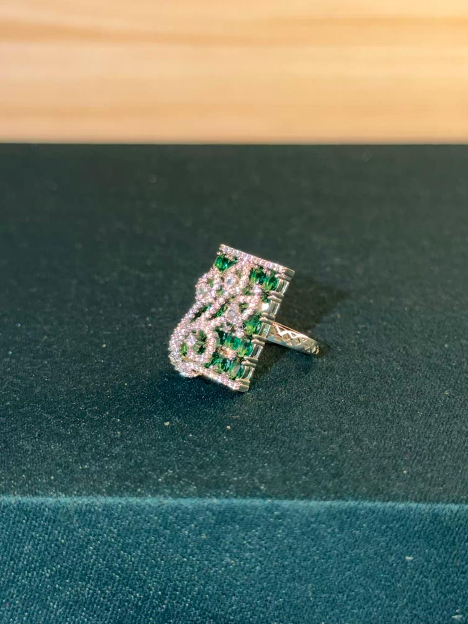 Green and White Stone Rectangle Shape Silver Plated Ring Size Adjustable