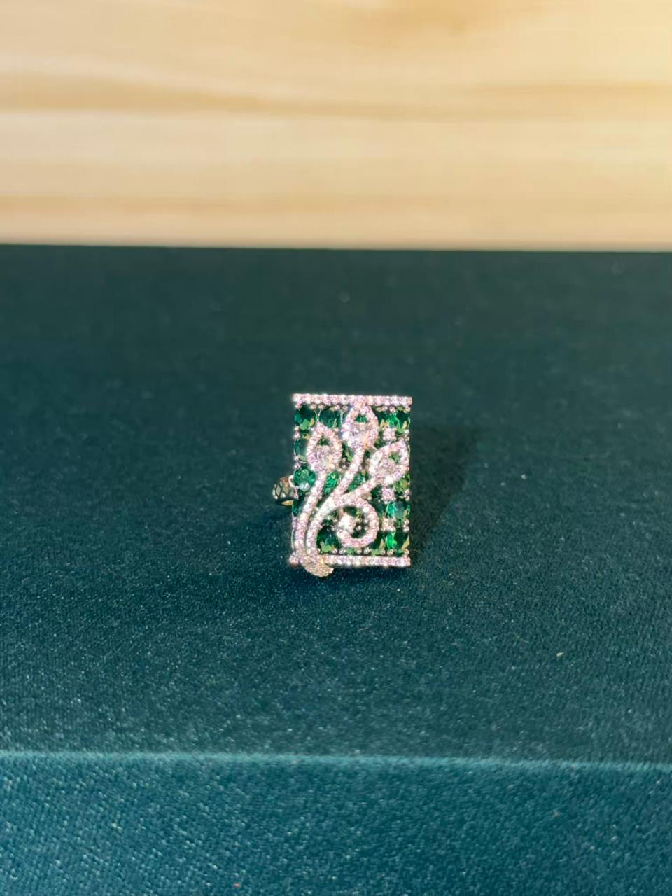 Green and White Stone Rectangle Shape Silver Plated Ring Size Adjustable