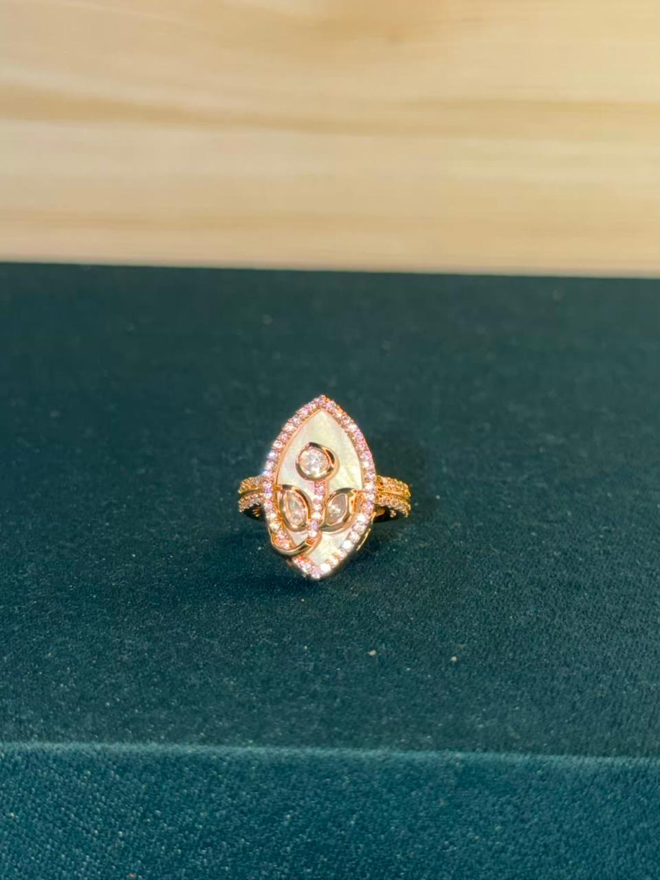 White Stone Leaf Design Gold Plated Ring Size Adjustable
