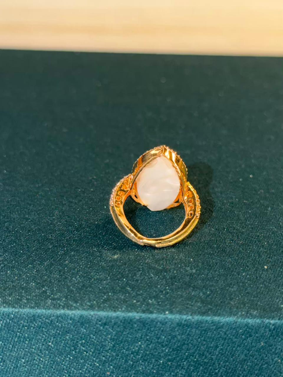 White Stone Leaf Design Gold Plated Ring Size Adjustable