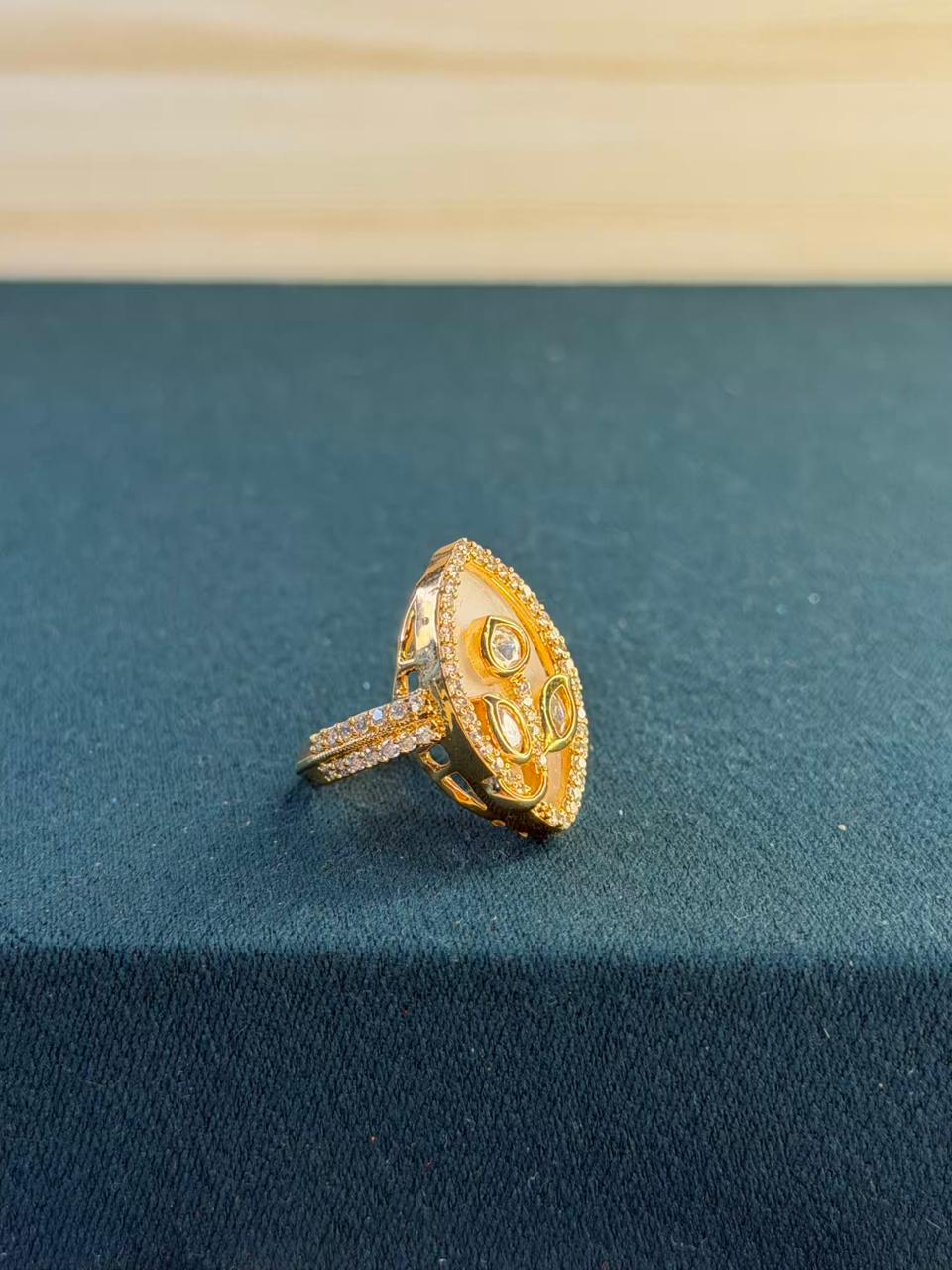 White Stone Leaf Design Gold Plated Ring Size Adjustable