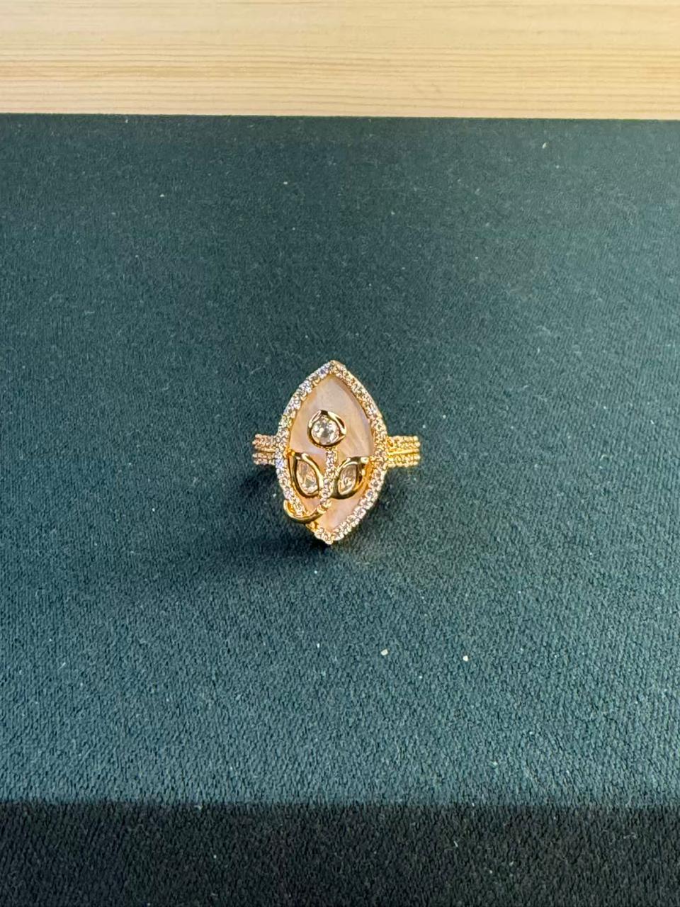 White Stone Leaf Design Gold Plated Ring Size Adjustable