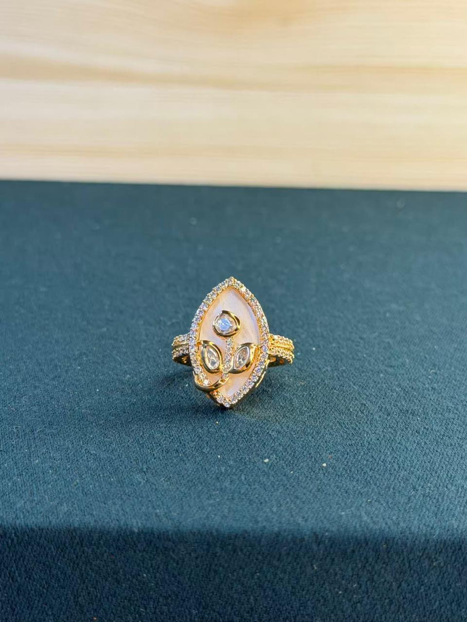 White Stone Leaf Design Gold Plated Ring Size Adjustable