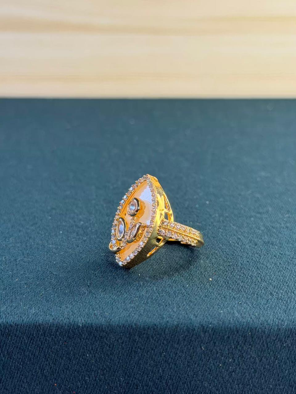 White Stone Leaf Design Gold Plated Ring Size Adjustable