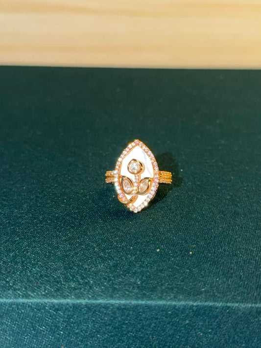 White Stone Leaf Design Gold Plated Ring Size Adjustable