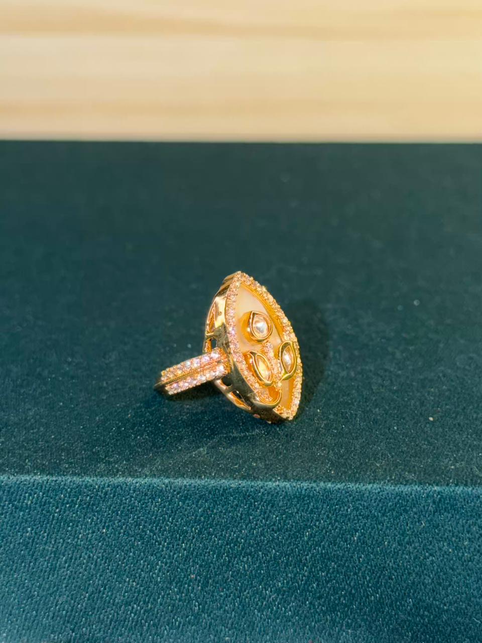 White Stone Leaf Design Gold Plated Ring Size Adjustable