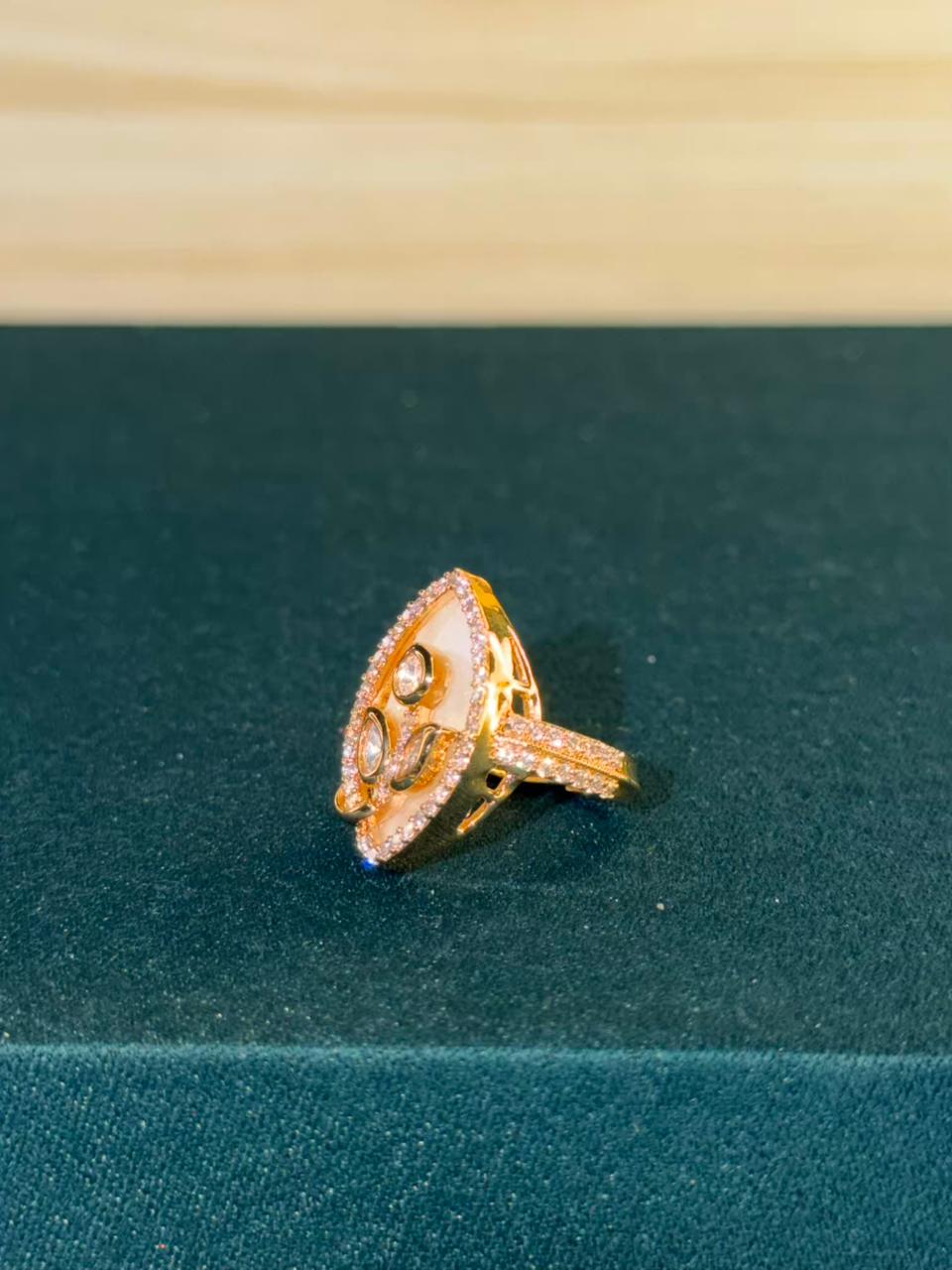 White Stone Leaf Design Gold Plated Ring Size Adjustable