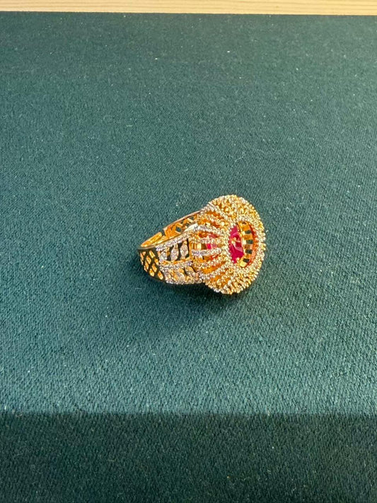 Pink and White Stone Round Design Gold Plated Ring Size Adjustable