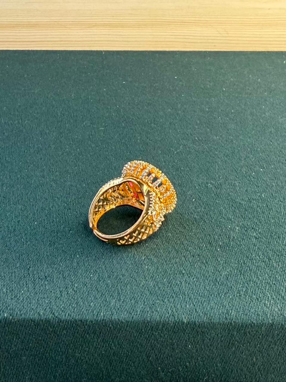 Pink and White Stone Round Design Gold Plated Ring Size Adjustable